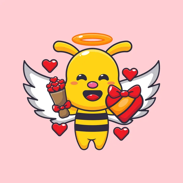 かわいい蜂キューピッド保持愛の贈り物と愛の花束 — ストックベクタ