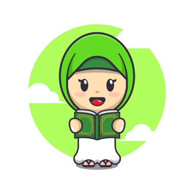 Çizgi roman vektör çizimi okuyan tatlı bir kız. Ramazan karikatür maskot vektör çizimi.