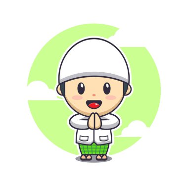 Ramazan çizgi filminde şirin çocuk müslümanı. Ramazan karikatür maskot vektör çizimi.