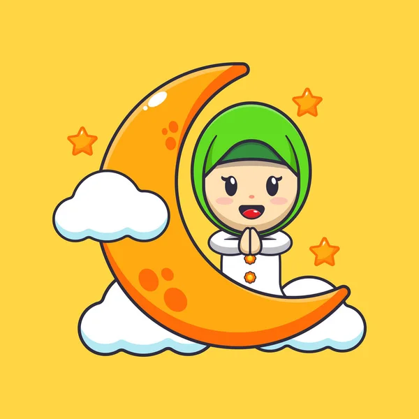 可爱的女孩与月亮在Ramadan 斋月漫画吉祥物矢量插图 — 图库矢量图片