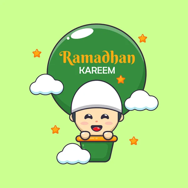 Roztomilý Chlapec Létající Vzduchový Balón Ramadánu Ramadán Karikatura Maskot Vektorové — Stockový vektor