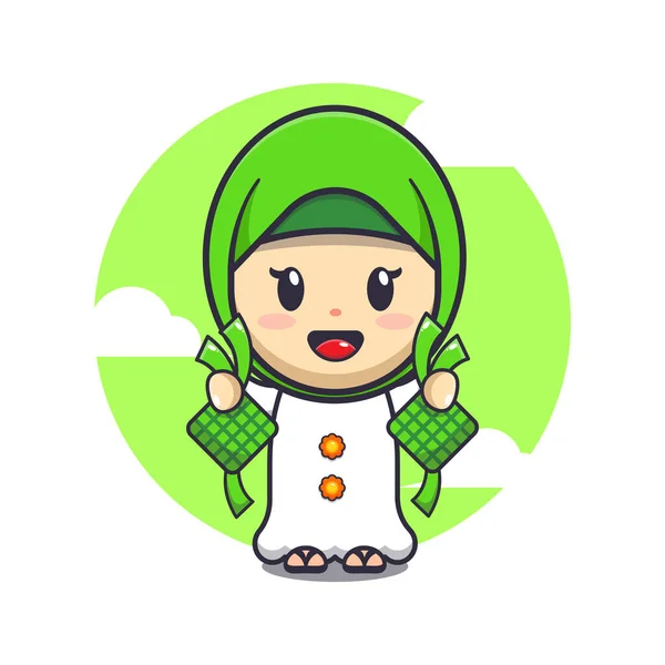 Schattig Meisje Met Ketupat Cartoon Vector Illustratie Ramadan Cartoon Mascotte — Stockvector