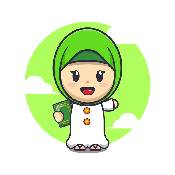 Menina Bonito Segurando Livro Cartoon Vetor Ilustração Ramadã Desenho Animado — Vetor de Stock