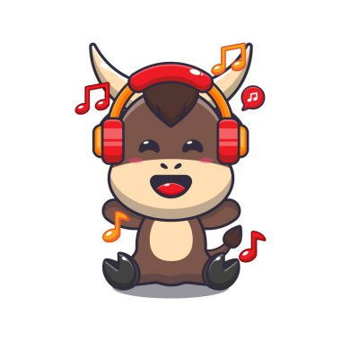 Kulaklık, vektör illüstrasyonlu şirin bir boğa müziği..