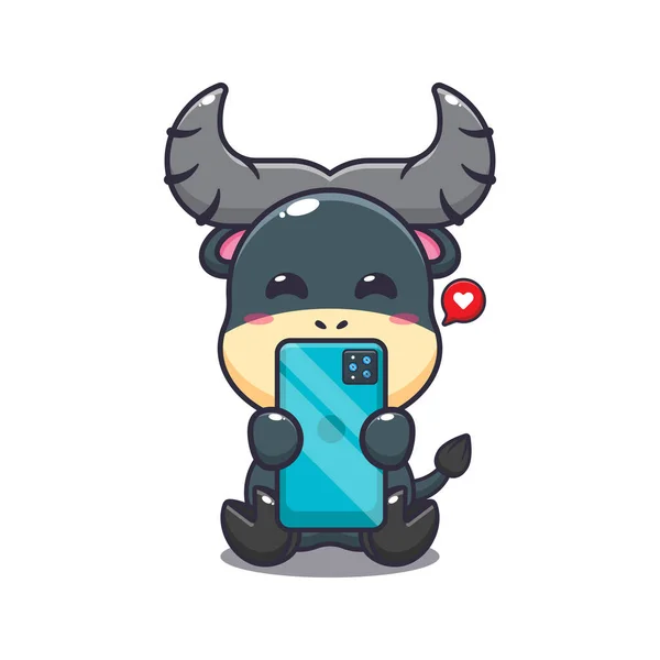 Cute Buffalo Phone Cartoon Vector Illustration — Stock Vector