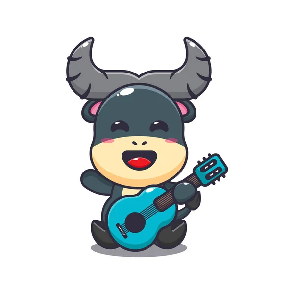 Cute Buffalo Playing Guitar Cartoon Vector Illustration — Stock Vector