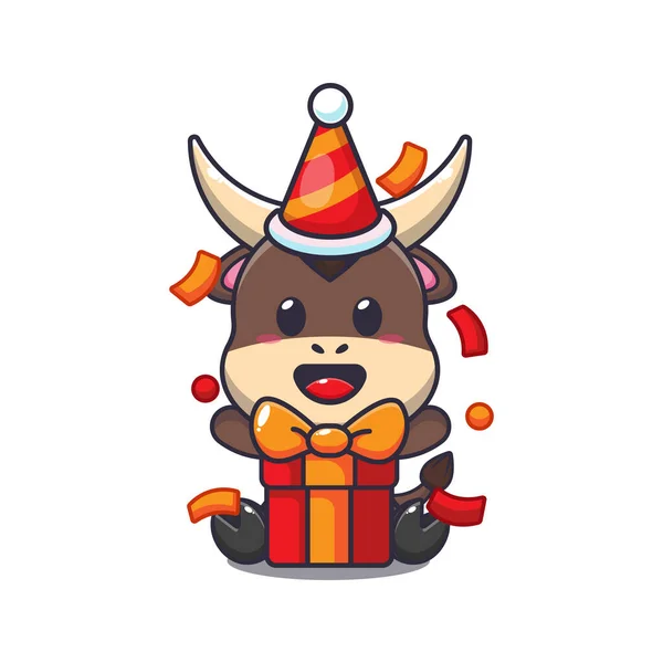 Cute Bull Birthday Party Cartoon Vector Illustration — Stock Vector