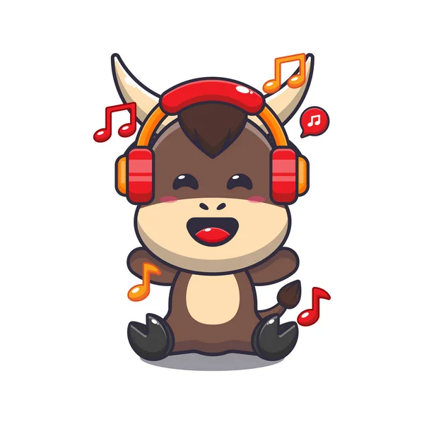 Cute Bull Listening Music Headphone Cartoon Vector Illustration — Stock Vector