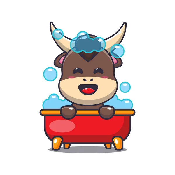 Cute Bull Biorąc Kąpiel Bąbelkowa Wannie Wektor Kreskówki Ilustracja — Wektor stockowy