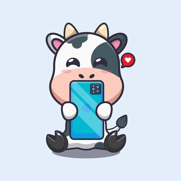 Cute Cow Phone Cartoon Vector Illustration — Stock Vector