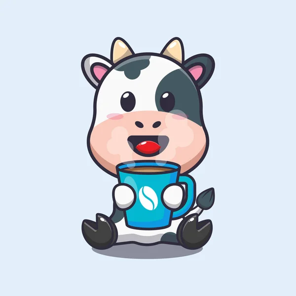 Cute Cow Hot Coffee Cartoon Vector Illustration — Stock Vector