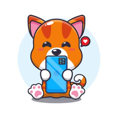 Telefon çizgi filmi vektör illüstrasyonlu şirin kedi.. 