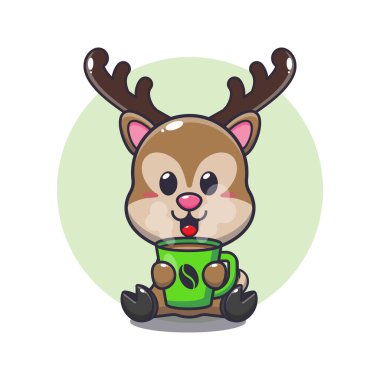 Sıcak kahve karikatürü vektör çizimi olan sevimli geyik.. 
