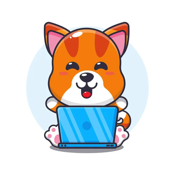 Cute Cat Laptop Cartoon Vector Illustration — Stock Vector