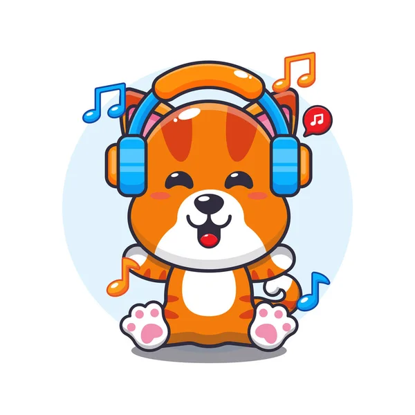 Bonito Gato Ouvir Música Com Fone Ouvido Desenho Animado Ilustração — Vetor de Stock