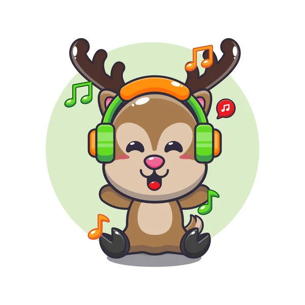 Carino Cervo Ascoltare Musica Con Cuffie Fumetto Vettoriale Illustrazione — Vettoriale Stock