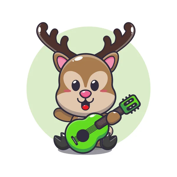Carino Cervo Giocando Chitarra Cartone Animato Vettoriale Illustrazione — Vettoriale Stock