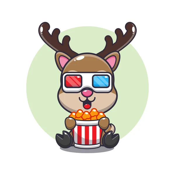 Carino Cervo Mangiare Popcorn Guardare Film Vettoriale Cartone Animato Illustrazione — Vettoriale Stock