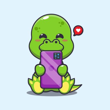 Telefon karikatürü vektör çizimi ile sevimli dino. 