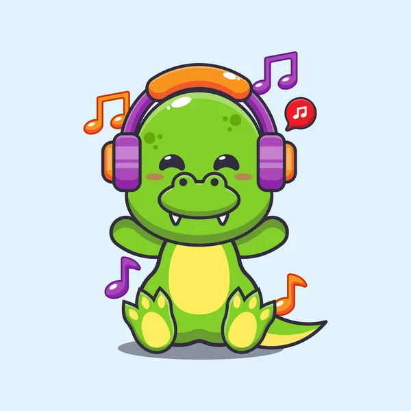 Lindo Dino Escuchar Música Con Auriculares Ilustración Vector Dibujos Animados — Vector de stock