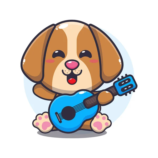 可爱的小狗弹吉他卡通矢量插图 — 图库矢量图片