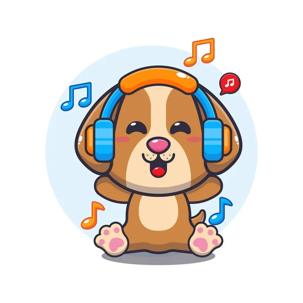 Lindo Perro Escuchar Música Con Auriculares Ilustración Vector Dibujos Animados — Vector de stock