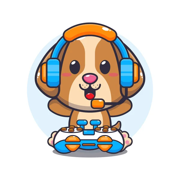 Cute Dog Gamer Cartoon Vector Illustration — Stock Vector