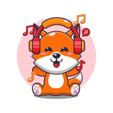 Kulaklıklı, çizgi film vektör illüstrasyonlu şirin tilki müziği.. 