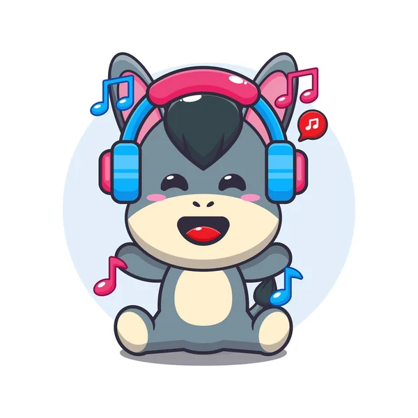 Bonito Burro Ouvir Música Com Headphone Desenho Animado Vetor Ilustração — Vetor de Stock