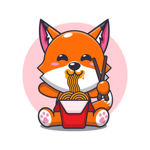 Cute Fox Eating Noodle Cartoon Vector Illustration — Stock Vector