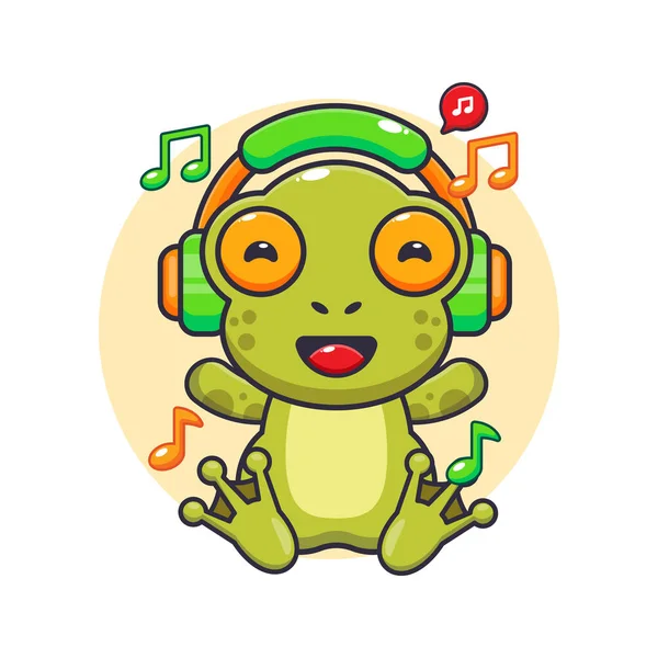 Linda Rana Escuchar Música Con Auriculares Ilustración Vector Dibujos Animados — Vector de stock