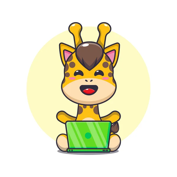 Cute Giraffe Laptop Cartoon Vector Illustration — Stock Vector