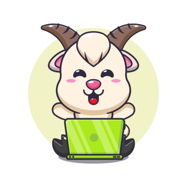 Dizüstü bilgisayarı olan sevimli bir keçi, vektör çizimi. Poster, broşür, ağ, maskot, çıkartma, logo ve simge için uygun vektör çizgi film.