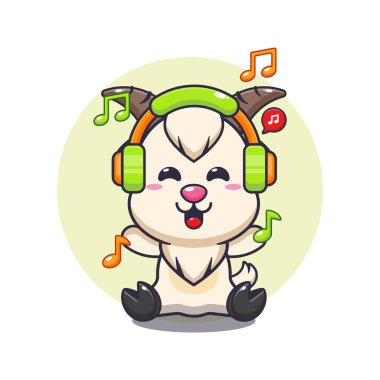 Kulaklıklı, çizgi film çizimi olan sevimli keçi müziği. Poster, broşür, ağ, maskot, çıkartma, logo ve simge için uygun vektör çizgi film.