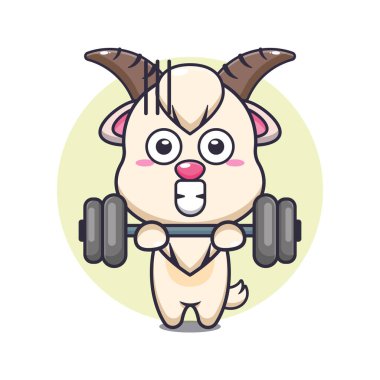 Dambıl kaldıran sevimli keçi, vektör çizimi. Poster, broşür, ağ, maskot, çıkartma, logo ve simge için uygun vektör çizgi film.