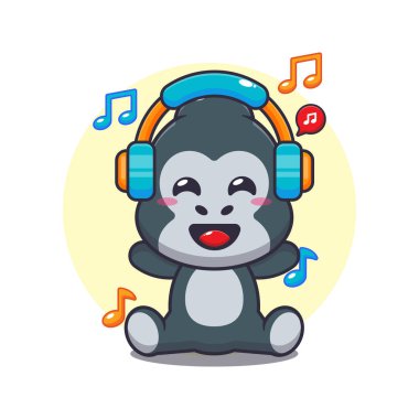 Kulaklık ve vektör çizimi ile müzik dinleyen şirin goril..