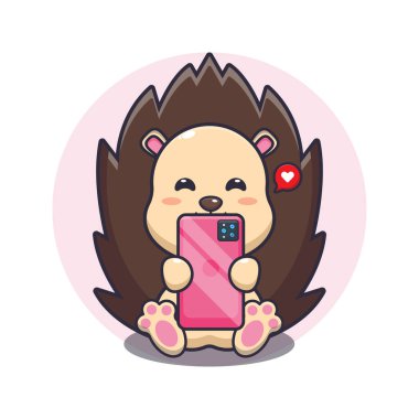 Telefon çizimi vektör illüstrasyonlu şirin kirpi..