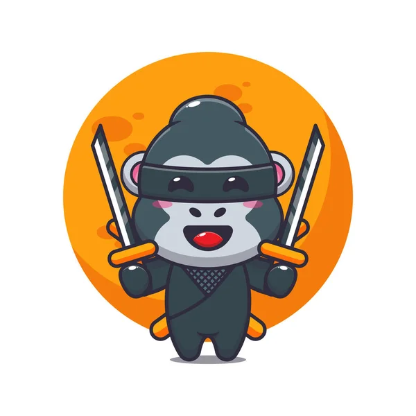 Cute Ninja Gorilla Cartoon Vector Illustration — Stock Vector