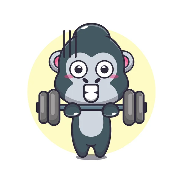 Gorila Bonito Levantamento Barbell Desenho Animado Vetor Ilustração — Vetor de Stock