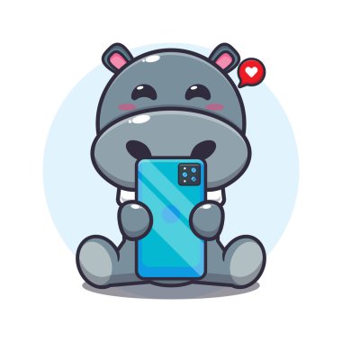 Telefon karikatürü vektör illüstrasyonuyla şirin bir hipopotam.. 