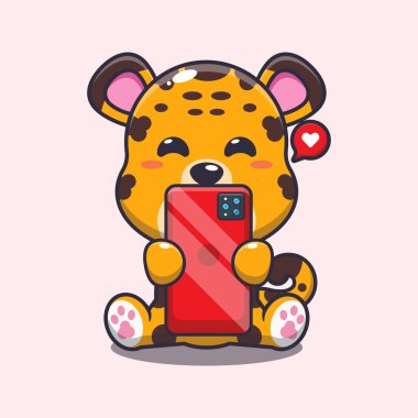 Telefon karikatürü vektör çizimi ile sevimli leopar. 