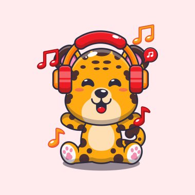Kulaklık, vektör çizimi ile müzik dinleyen sevimli leopar.. 