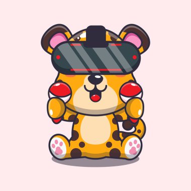 Sanal gerçeklik çizgi filmi vektör illüstrasyonunu oynayan sevimli leopar