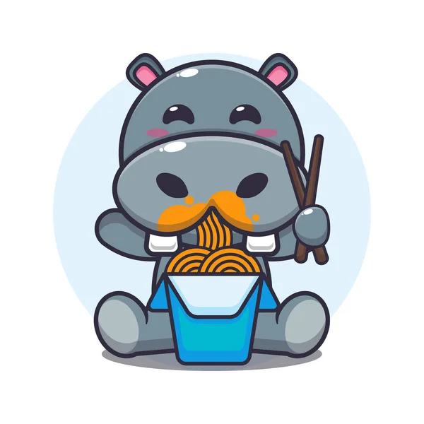 Cute Hipopotam Jedzenie Makaron Wektor Kreskówki Ilustracja — Wektor stockowy
