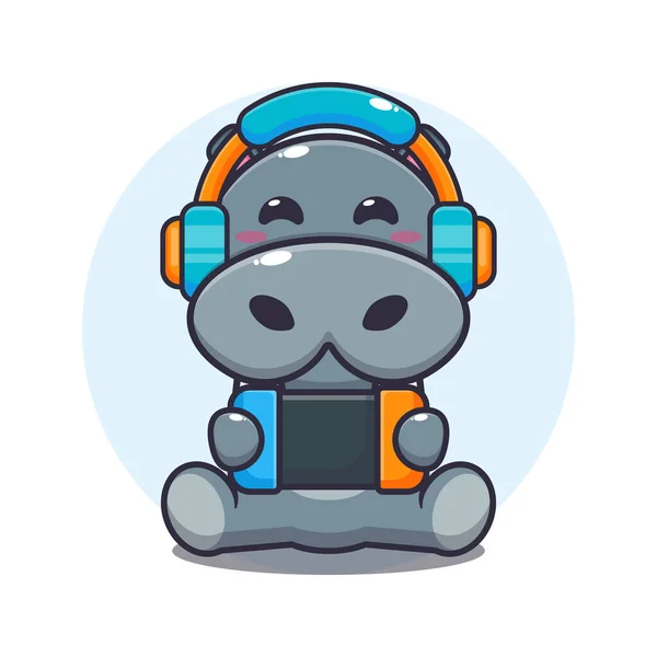 Cute Hippo Play Game Cartoon Vector Illustration — Stock Vector