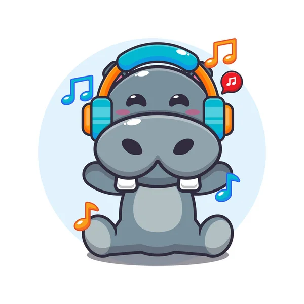 Kulaklık Karikatür Vektör Çizimi Ile Müzik Dinleyen Sevimli Hipopotam — Stok Vektör