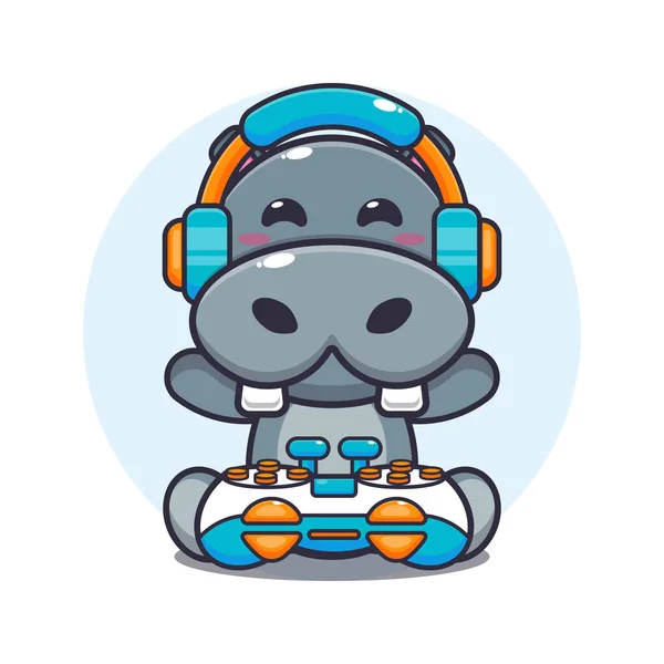 Cute Hippo Gamer Cartoon Vector Illustration — Stock Vector