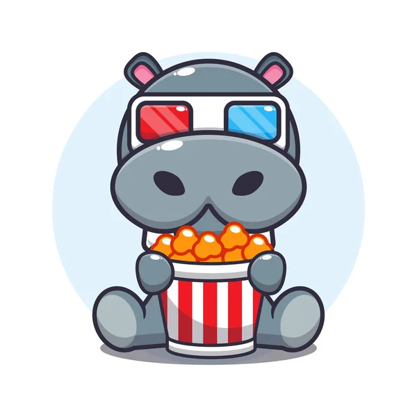 Cute Hipopotam Jedzenia Popcornu Oglądać Film Wektor Ilustracji — Wektor stockowy