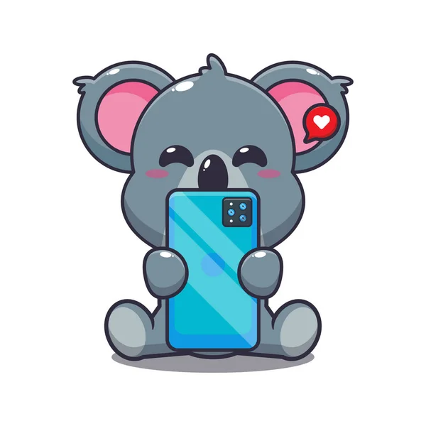 Carino Koala Con Telefono Cartone Animato Vettoriale Illustrazione — Vettoriale Stock
