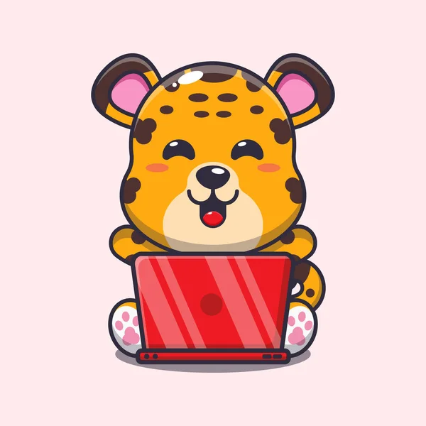 Leopardo Bonito Com Ilustração Vetor Desenhos Animados Laptop —  Vetores de Stock